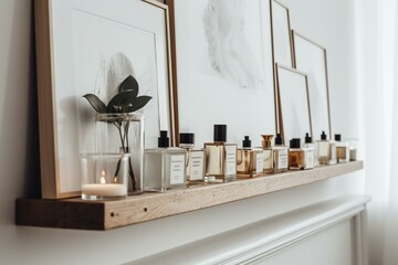 Fototapeta na wymiar Luxury minimalist shelf decor on white wall in Scandinavian, hygge style interior. Picture frames, fragrance, vase, books, candle. Generative AI