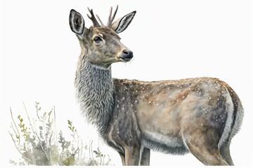 Obraz premium Watercolor sika deer illustration white background,Generative AI