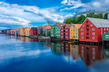 Beautiful view of the colorful wooden buildings of Trondheim Canal,  Norway