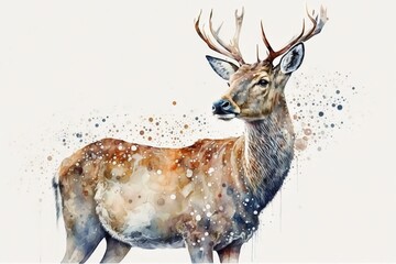 Watercolor sika deer illustration white background,Generative AI