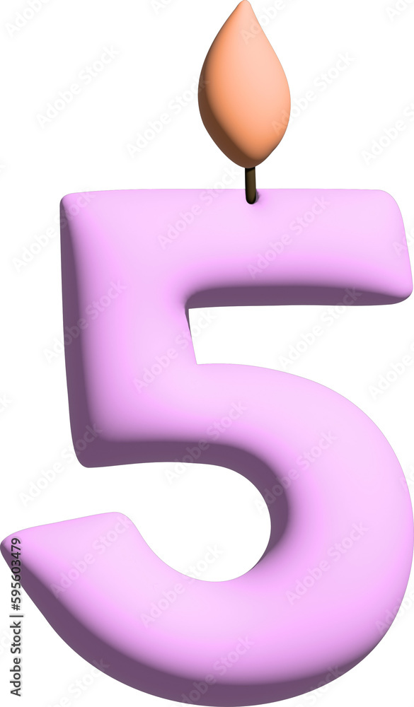 Sticker 3D pink festive number 5 with a candle