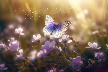 A beautiful butterfly flies over meadow flowers. Generative AI.