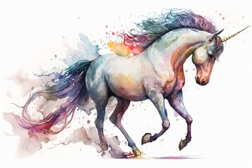 Watercolor unicorn illustration white background,Generative AI