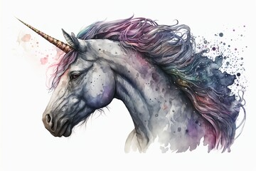 Obraz premium Watercolor unicorn illustration white background,Generative AI