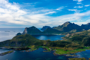 Beautiful landscape of the Lofoten Islands at sunset from Offersoykammen trail,  Norway
