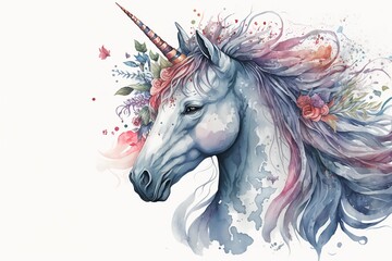Watercolor unicorn illustration white background,Generative AI