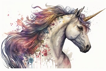 Naklejka na ściany i meble Watercolor unicorn illustration white background,Generative AI