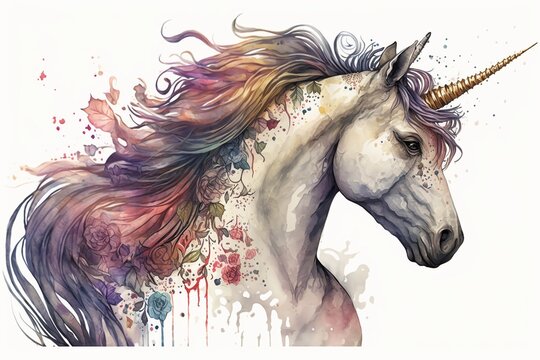 Watercolor unicorn illustration white background,Generative AI