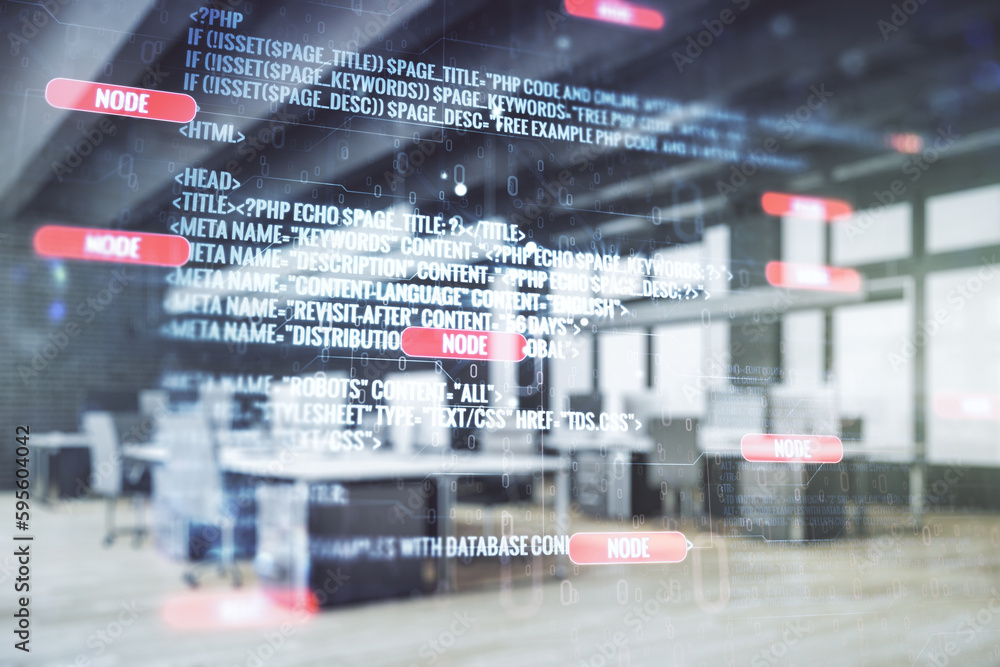 Fototapete Multi exposure of abstract creative coding sketch on a modern furnished office background, artificial intelligence and neural networks concept