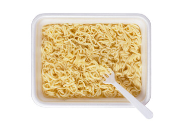 Delicious noodles in plastic box with plastic fork, view from above, cut out