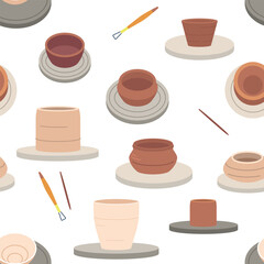 Clay Potters Seamless Pattern Features Ceramic Pots, Pottery Tools, Material, Perfect For Decorating Pottery Studios