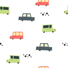 Cute Cars Seamless Pattern, Cartoon transportation Doodles Background, Illustration.
