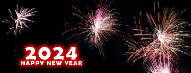 A banner with 2024 Happy New Year with fireworks on a black background.