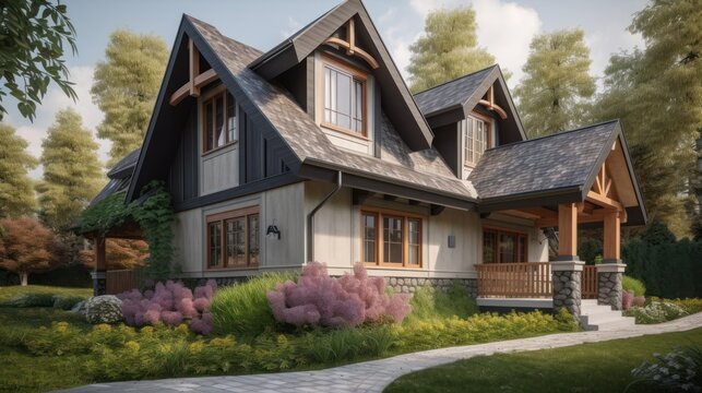 Cottage exterior house design in daytime golden hour generative ai