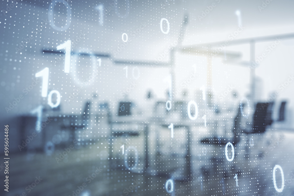 Leinwandbilder double exposure of abstract virtual binary code hologram on modern corporate office background. data
