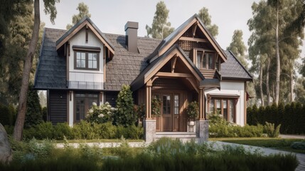 Cottage exterior house design in daytime golden hour generative ai