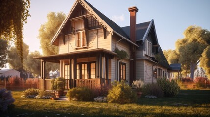 Obraz premium Cottage exterior house design in daytime golden hour generative ai