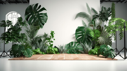 Tropical plant backdrop with a podium in the center.