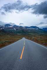 Naklejka premium Empty road through the tundra of central Norway with cloudy and moody sky