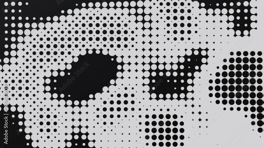 Poster black and white halftone motion background. gradient dot backdrop. wavy circle pattern animation.
