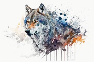 Watercolor white wolf illustration white background,Generative AI - obrazy, fototapety, plakaty