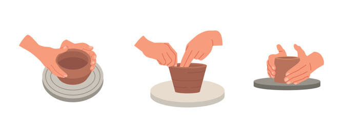 Hands Of Potter Guide The Clay, Bringing To Life A Work Of Art That Is Both Beautiful And Functional Isolated On White