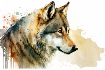 Watercolor white wolf illustration white background,Generative AI