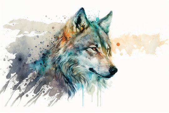 Watercolor white wolf illustration white background,Generative AI