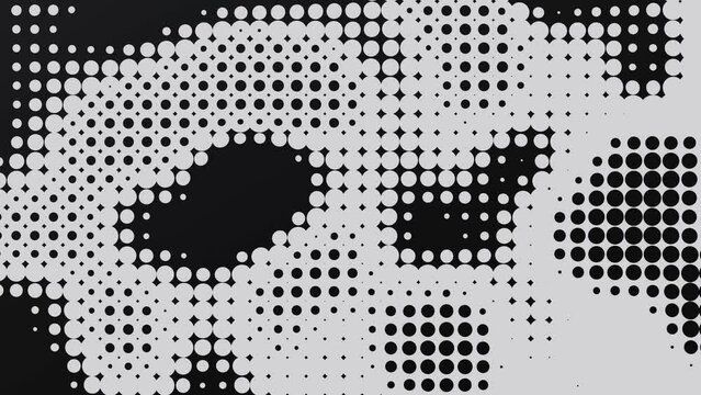 Black and white halftone motion background. Gradient dot backdrop. Wavy circle pattern animation.