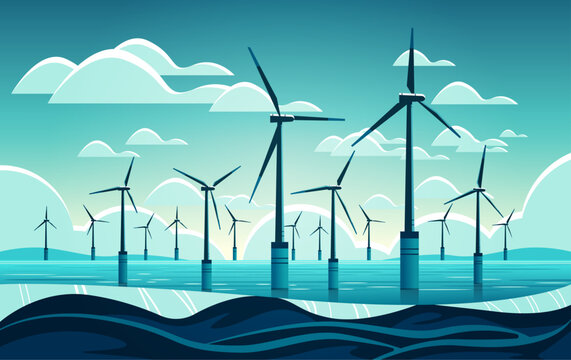 Offshore Wind Farm With Turbines In Sea Or Ocean Renewable Water Station Energy Production Alternative Power Generation Concept