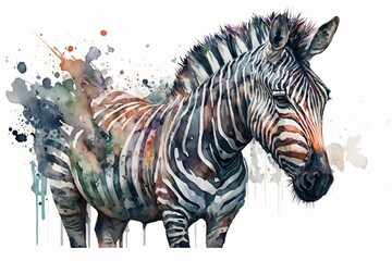 Fototapeta na wymiar Watercolor zebra illustration white background,Generative AI