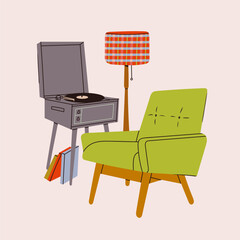 Vinyl record player, records, floor lamp, fluffy armchair. Hand drawn Vector isolated illustration. Home decor, retro style apartment, music, audio device, interior composition, coziness concept