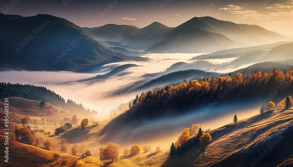 Aufkleber amazing view of the mountains in the fall. early dawn view of a fogged-in valley. generative ai