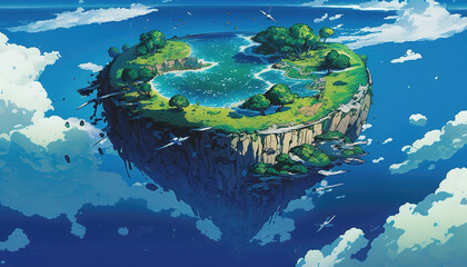 a flying island in sky, anime manga inspired, generative ai technology
