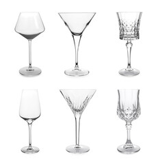 Collage with different empty glasses on white background