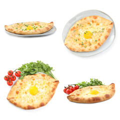 Collage of tasty Adjarian khachapuris on white background, top and side views