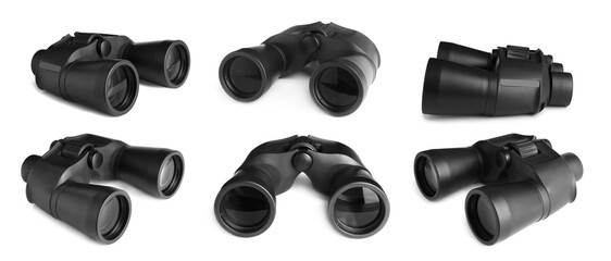 Collage with black binoculars on white background, different sides