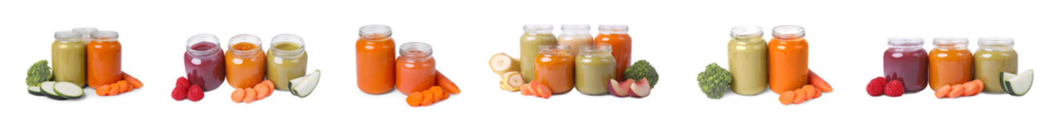 Set of baby food in jars and fresh ingredients isolated on white