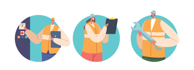 Fototapeta premium Worker Engineer Male and Female Characters On Factory Oversees Production, Troubleshoots Machinery, Round Icons