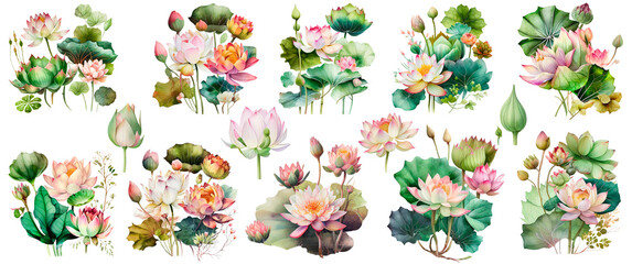 Bouquet of lotuses, Floral arrangement, Watercolor botanical illustration isolated on white background, Generative AI 