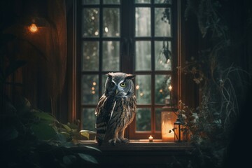 A spooky owl surrounded by enchanted moss and fireflies amidst lovely homes and bright windows. Generative AI