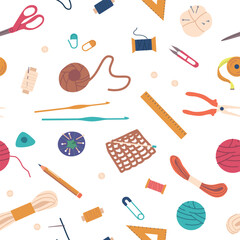 Seamless Pattern Features Intricate Embroidery And Knitting Items, Creating A Cozy And Textured Design, Illustration