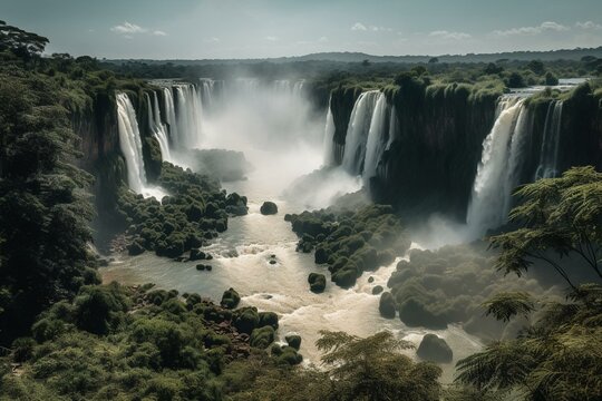 Iguazu Falls viewed from Argentina side near Southern Brazil, South America. Generative AI