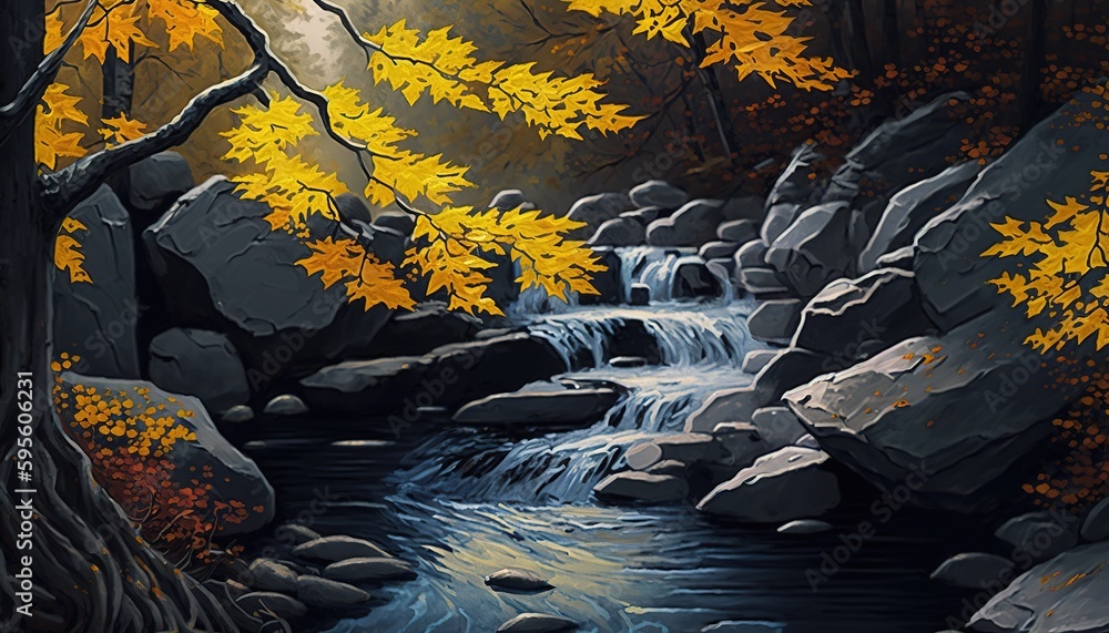 Aufkleber yellow maple trees with fall leaves on rocks in a forested watercourse in autumn. generative ai