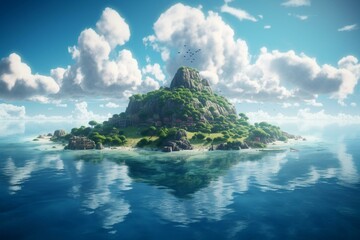 A lovely anime depiction of an island in clear water with white clouds above. Generative AI