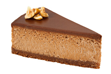 Piece of Chocolate cheesecake isolated on white background, full depth of field