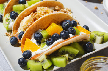 Taco Pancakes with Fresh Fruits, Blueberry and Yogurt Filling, Healthy Breakfast or Snack