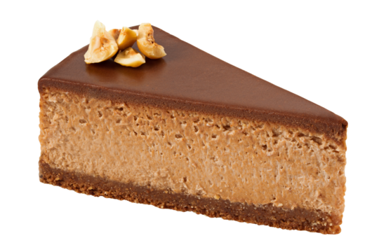 Piece of Chocolate cheesecake isolated on white background, full depth of field