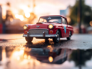Fototapeta na wymiar Miniature classic car model with a backdrop of evening sun bokeh. The car model's image can be reflected in the puddle in front of it.