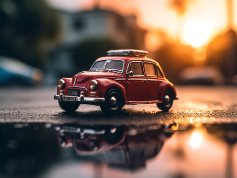 Miniature classic car model with a backdrop of evening sun bokeh. The car model's image can be reflected in the puddle in front of it.